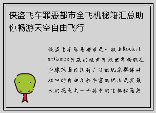 侠盗飞车罪恶都市全飞机秘籍汇总助你畅游天空自由飞行