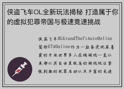 侠盗飞车OL全新玩法揭秘 打造属于你的虚拟犯罪帝国与极速竞速挑战