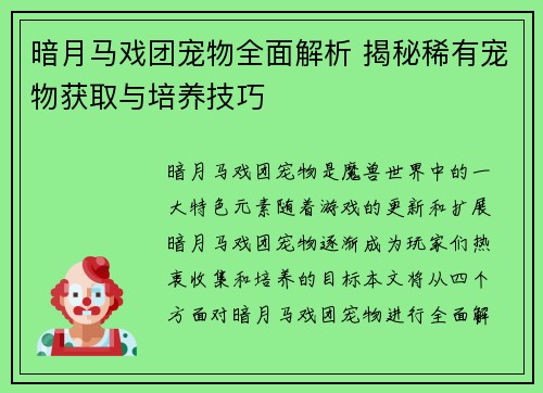 暗月马戏团宠物全面解析 揭秘稀有宠物获取与培养技巧